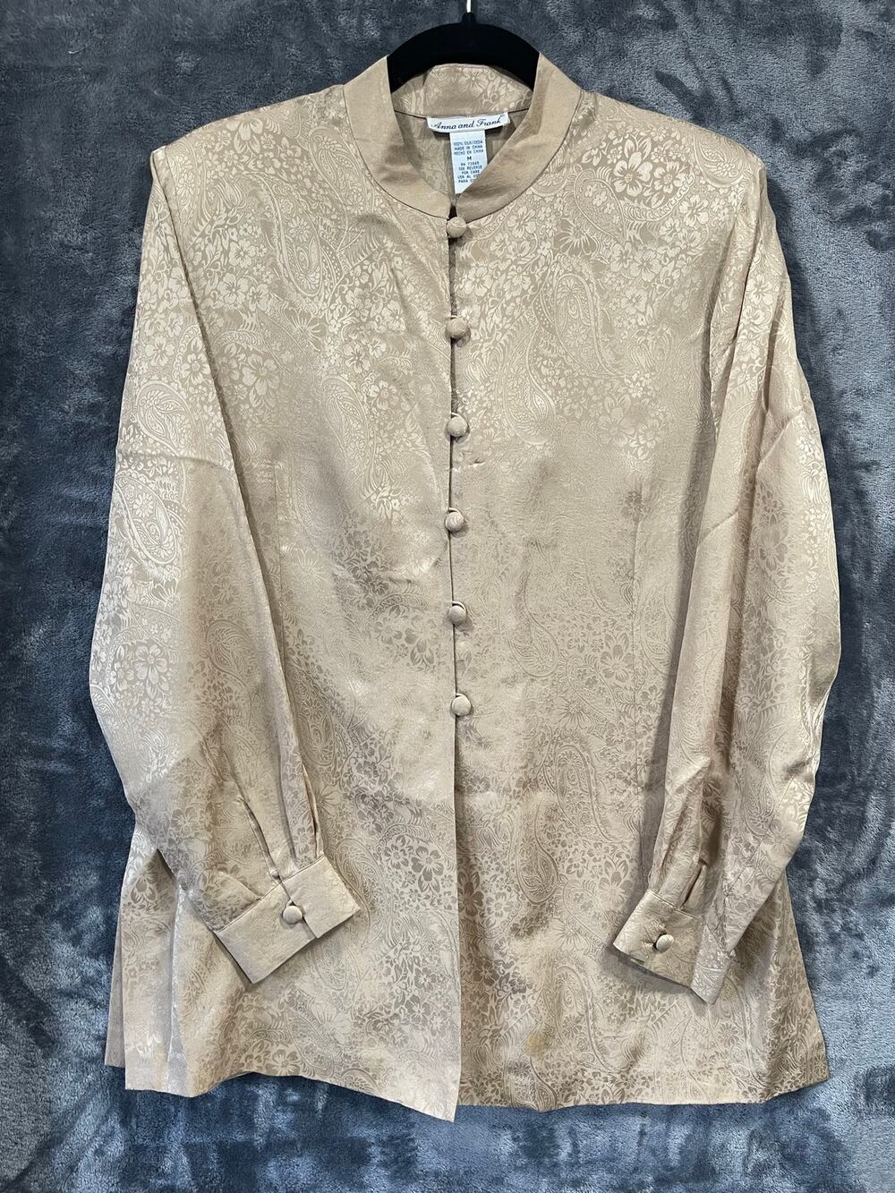 Vintage 90s Anna and Frank 100% Silk Paisley Brocade Mandarin Top Champagne M